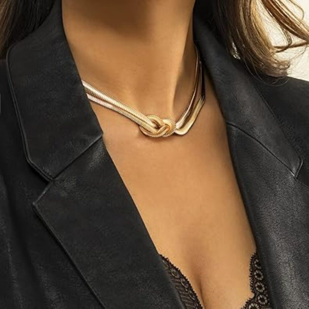 Gold Chunky Knot Choker Necklace for Women Adjustable Double Snake Chain Design